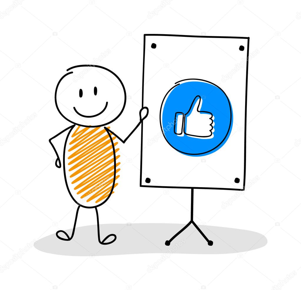 Business cartoon person with whiteboard and thumb - like icon. Vector