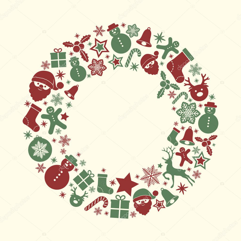 Merry Christmas and Happy New Year - layout of greeting card with festive ornaments. Vector.