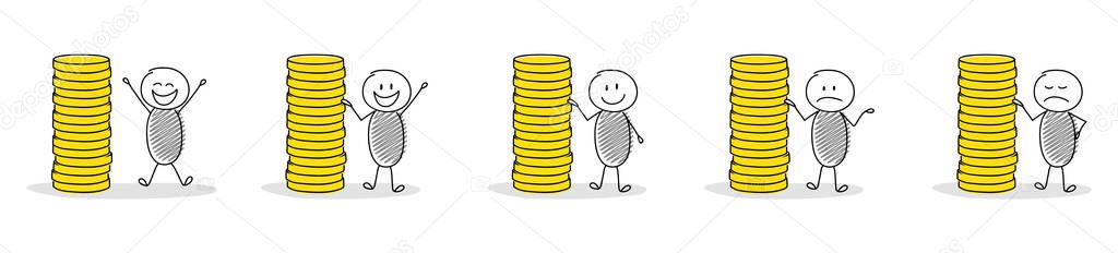 Collection of cartoon people with coin stacks. Vector