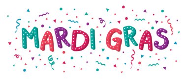 Renkli konfeti ve konfetiyle Mardi Gras tebrik kartı. Vektör