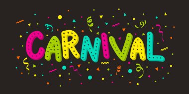 Karnaval. Konfeti ve yılanlarla dolu renkli bir pankart. Vektör