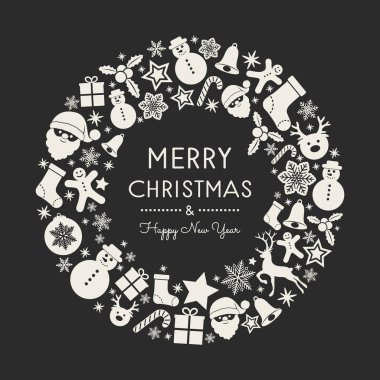 Neşeli Noel ve mutlu yeni yıl - kart güzel süslemeleri ile. Vektör.