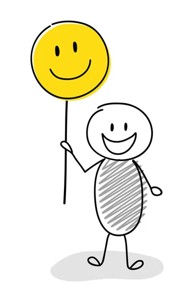 Engraçado Desenho Animado Stickman Segurando Smiley Emoticon Vetor — Vetor de Stock