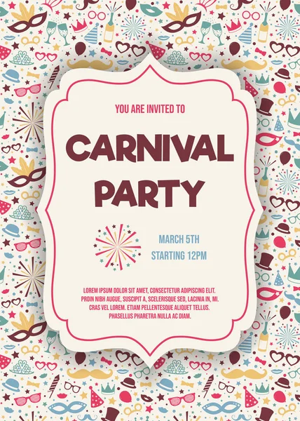 Carnaval Party Kleurrijke Uitnodiging Met Hand Getrokken Decoraties Vector — Stockvector