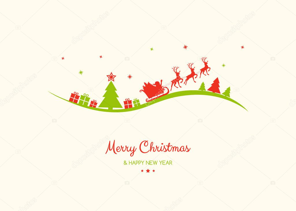 Design of Christmas greeting card with with cartoon Santa Claus and reindeers. Vector.