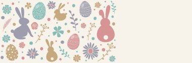 Pastel renkli tavşan, yumurta ve çiçekli Paskalya bayrağı. Kartpostal şablonu. Pankart. Vektör