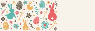 Renkli tavşanlar, yumurtalar ve çiçeklerle süslenmiş Paskalya süsü. Kopyalama alanı olan pankart. Vektör