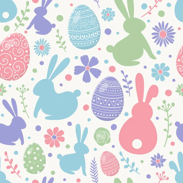 Fondo Pascua Con Huevos Decorativos Conejos Flores Textura Perfecta Vector — Vector de stock