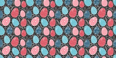 Elle çizilmiş boyalı Paskalya yumurtaları ile dikişsiz desen. Vektör