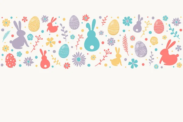 Composición Huevos Decorativos Conejos Flores Fondo Pascua Colorido Con Copyspace — Vector de stock