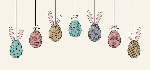 Bannière Pâques Avec Œufs Dessinés Main Lapins Vecteur — Image vectorielle