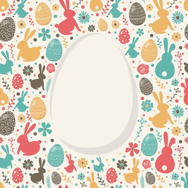 Colourful Easter Poster Copyspace Pattern Decorative Eggs Bunnies Flowers Vector — Stock Vector