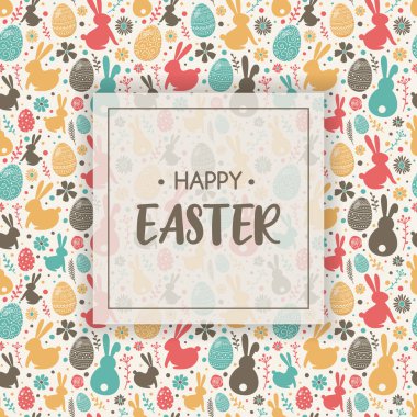 Renkli yumurtalar, arka planda tavşanlar ve çiçekler Mutlu Paskalyalar dilekleriyle. Vektör