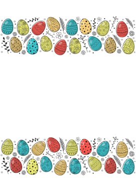 Boyalı yumurta ve copyspace ile el çizilmiş Paskalya kartı. Vektör