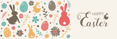 Renkli tavşanlı, yumurtalı ve çiçekli Paskalya kompozisyonu. Tebrik kartı. Pankart. Vektör