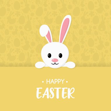 Mutlu tavşan ve iyi dileklerle Paskalya tebrik kartı. Vektör
