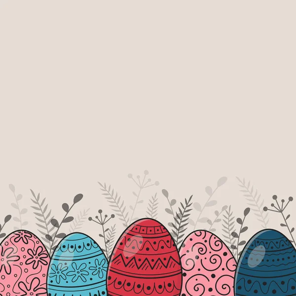 Tarjeta Pascua Dibujada Mano Con Huevos Pintados Copyspace Vector — Vector de stock