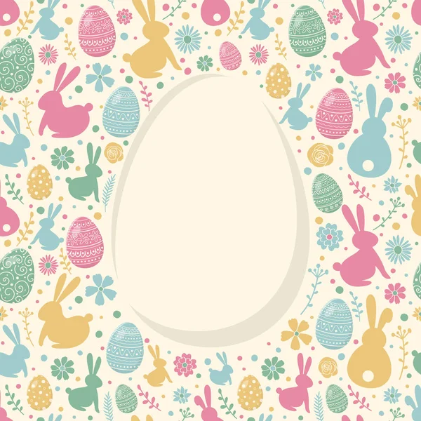 Colourful Easter Background Decorative Eggs Bunnies Flowers Poster Copyspace Vector — Stock Vector