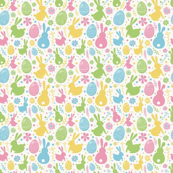 Patrón Colorido Con Huevos Decorativos Conejos Flores Fondo Pascua Vector — Vector de stock