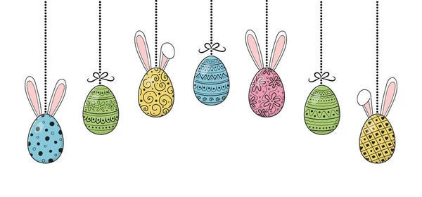 Hermoso Colgando Huevos Pascua Con Conejos Vector — Vector de stock