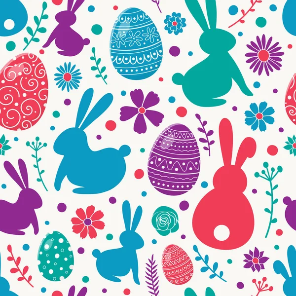 Koncepcja Wielkanocna Kolorowymi Jajkami Króliczkami Kwiatami Płynny Wzór Wektor — Wektor stockowy