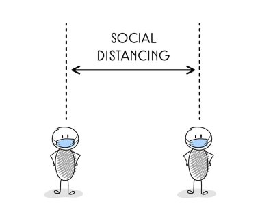 Sosyal uzaklık. Maskeli karikatüristlerle ilgili bilgiler. Koronavirüs salgını. Vektör