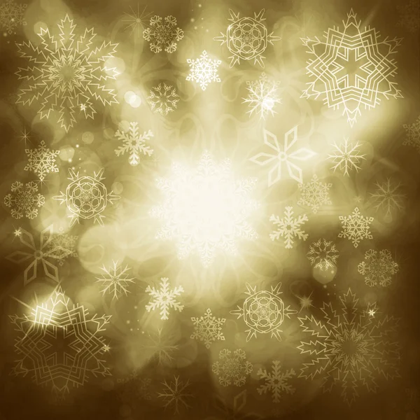 Oro Natale lussuoso sfondo con fiocchi di neve e luci . — Foto Stock