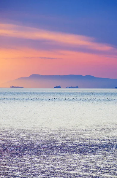Sunset Black Sea Ships Roadstead Novorossiysk — Stock Photo, Image