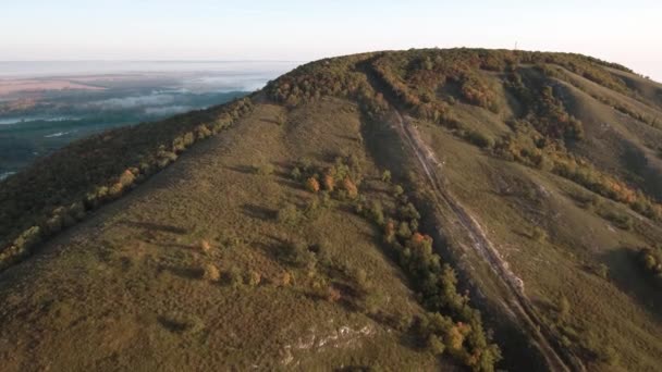 石灰岩で構成された古代の海のサンゴ礁の遺跡 石韓クシュタウ フォギー秋の朝 空中風景 — ストック動画