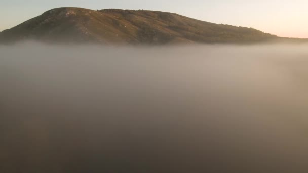 古海里由石灰石石山组成的暗礁的残存部分 Belaya河上的雾 空中景观 — 图库视频影像