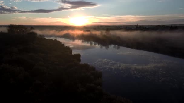 Misty Daybreak Belaya River Valley Aerial View — Stock Video