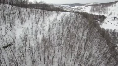 Güney Uralları. Kışın dağlarda Makarovo 'nun Bashkir köyü. Hava görünümü.