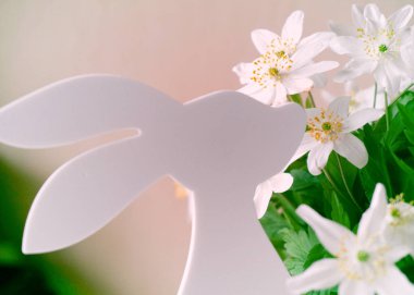 Bahar çiçekleri ile Paskalya tavşanı. Geleneksel Paskalya süsleri.