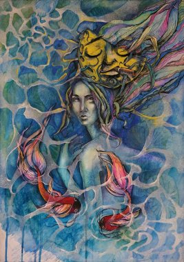 Gerçeküstü altın balık suyun altında su mürekkep ve ay ile olan çekici kadın portresi