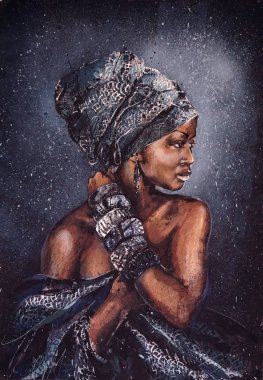 Gülümseyen yıldızlı gökyüzü, orijinal resim çerçevede Ulusal giysiler içinde parlak görünüme sahip Afrika kadın
