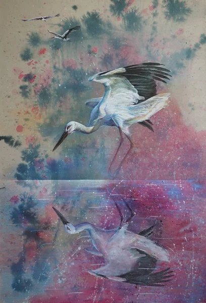 Originalkunst, Aquarellmalerei von Storch vor Sonnenuntergang und Storchenreflexion im Wasser — Stockfoto