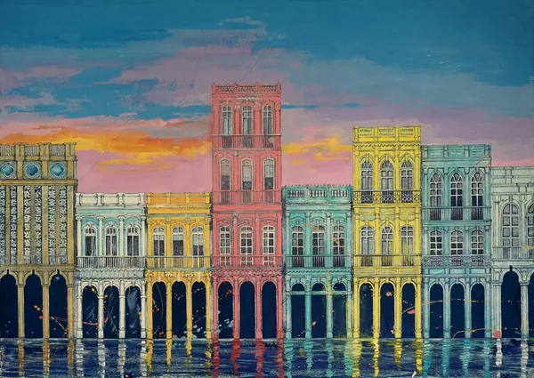 Oryginalne dzieła sztuki, malarstwo akwarela budynków, domów miasta na tle zachodu słońca, Kuba Hawana — Zdjęcie stockowe