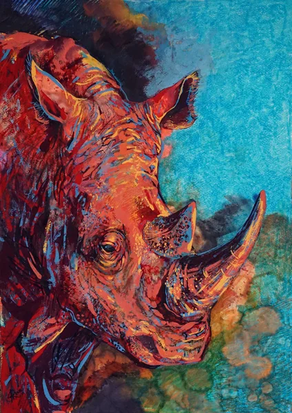 Röd noshörning på blå vattenfärg bakgrund med gröna linjer — Stockfoto