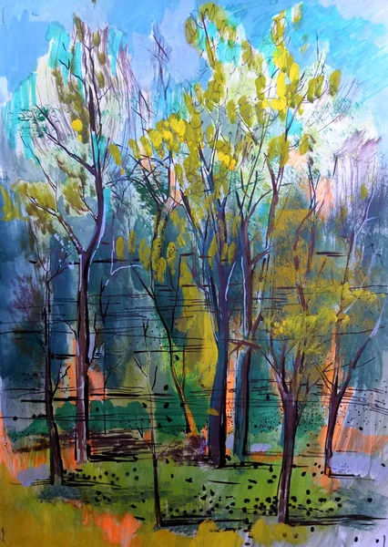 Unique painting Light etude of the spring forest Watercolor markers