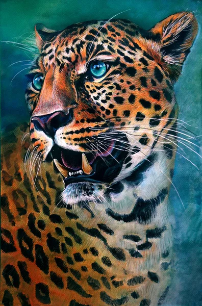 Pintura artística y colorida de Leopardo, Panthera pardus, aislada sobre fondo azul y verde con un toque de ambiente . — Foto de Stock