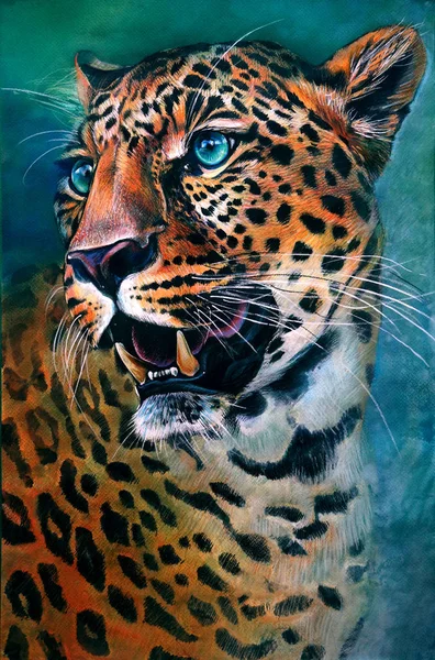 Artistic, colorful painting of Leopard, Panthera pardus, isolated on blue and green background with a touch of environment.