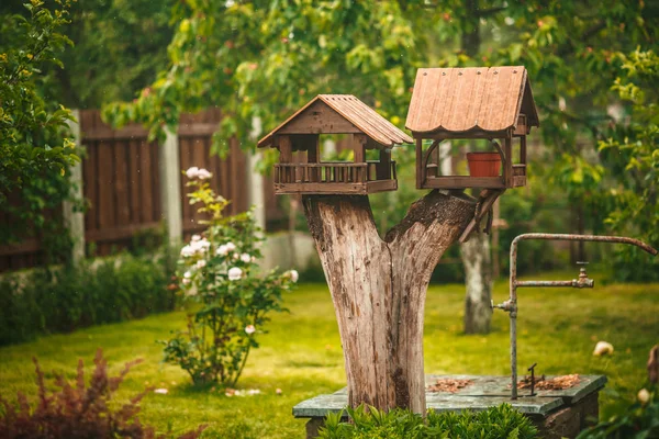 Σπιτικό ξύλινα birdhouse τροφοδότη πουλιών μέσα σε πανέμορφο καταπράσινο κήπο — Φωτογραφία Αρχείου