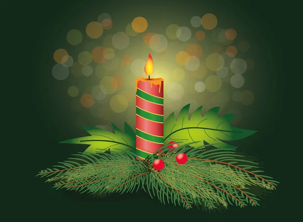 Vector illustration of christmas candle with fir tree branch and bokeh background — Stock Vector