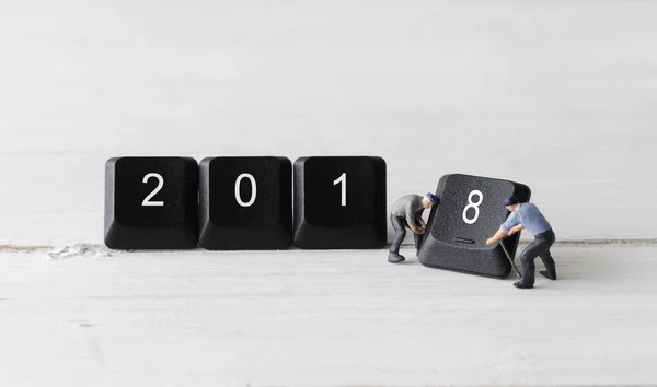 Miniature People Worker Teamwork Holding Computer Keyboard Button 2018 New — Stock Photo, Image