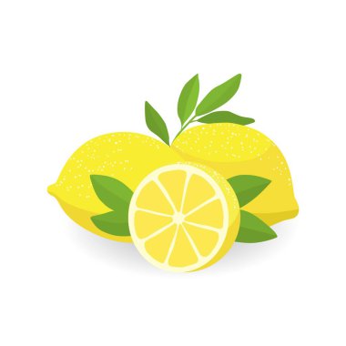 Yapraklarla süslenmiş yarım ve iki taze limon..