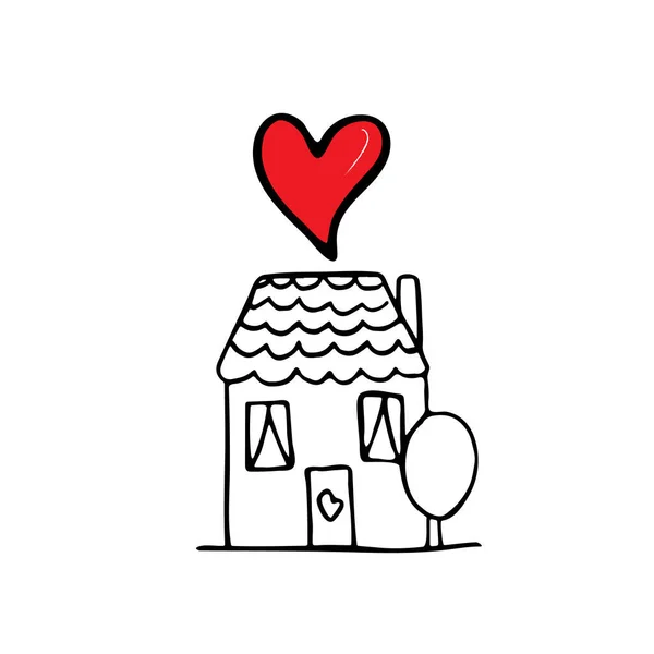 Esboço Doodle com doodle casa com coração . — Vetor de Stock