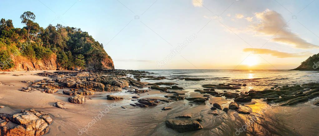 High resolution wide panorama of sunset on Koh Lanta beach durin