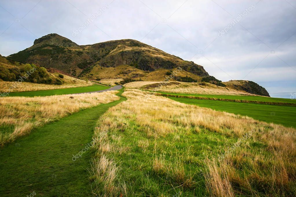 Green and yellow grass with Arthur's Seat