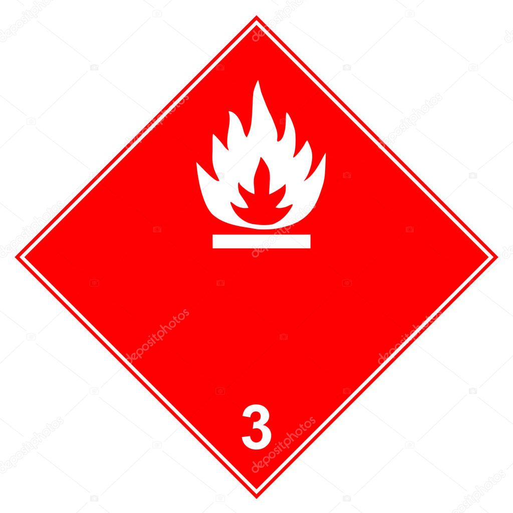 Dangerous - class 3 flammable goods transported warning sign. White flame icon in red diamond