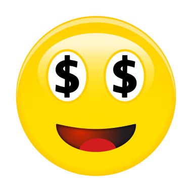 Amerikan Doları gülen surat. Sarı gözleri ve kırmızı açılan ağız yerine siyah Usd sembolleri ile 3d emoji gülüyor.